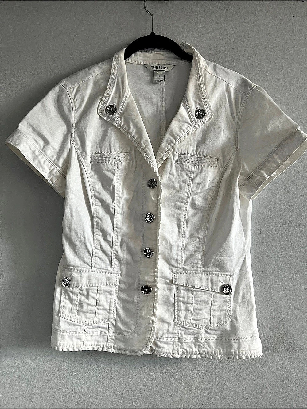 White House Black Market Cotton Twill Utility Jacket with Ruffle Trim size 6
